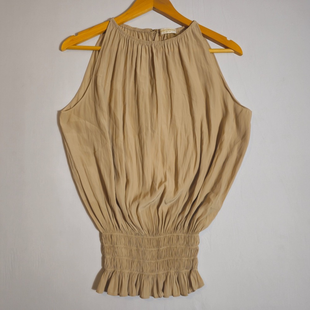 Ramy Brook New York Sleeveless Blouse Top Women Beige Smocked Ruffled Hem Casual